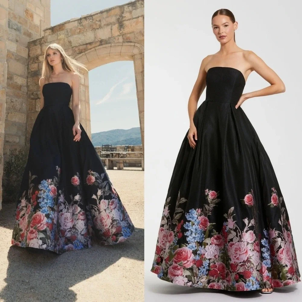 NEW Mac Duggal Black Strapless Floral Brocade Ballgown $798 -‎ Size 4
